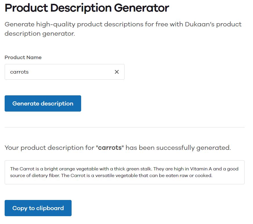 a tool on dukaan app showing description generator tool for a product