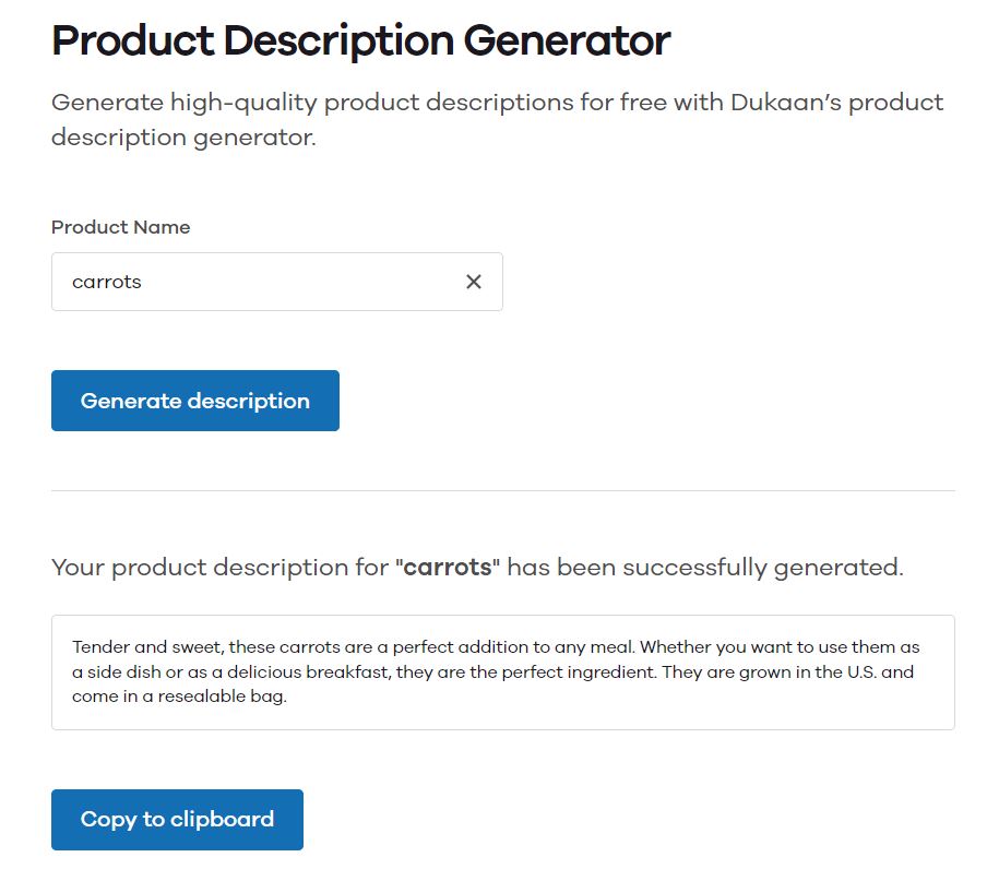 description generator on dukaan app showing automated description for a product keyword