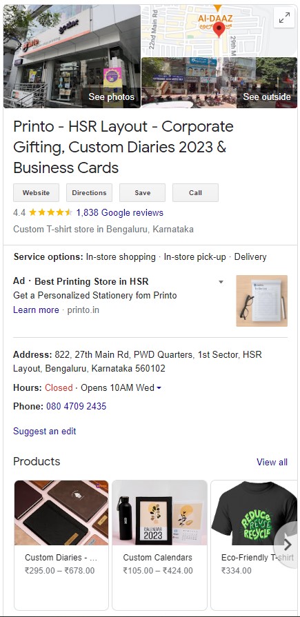 an examle of google business profile of a print shop from Bengaluru on google