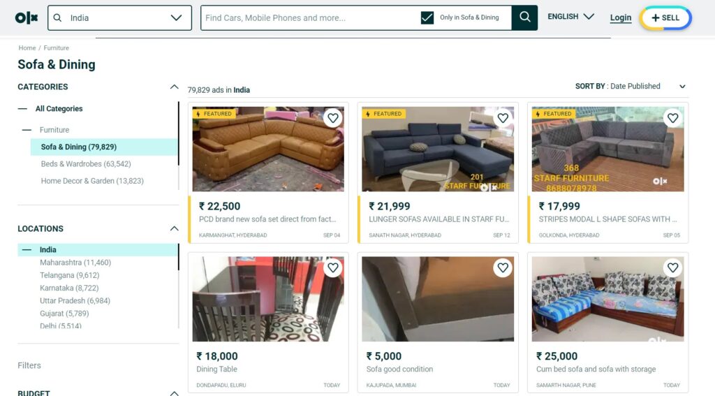olx website homescreen for furnitures
