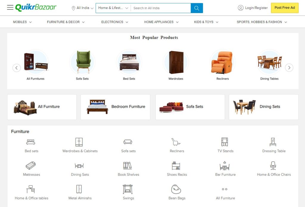 quikr homescreen for furnitures
